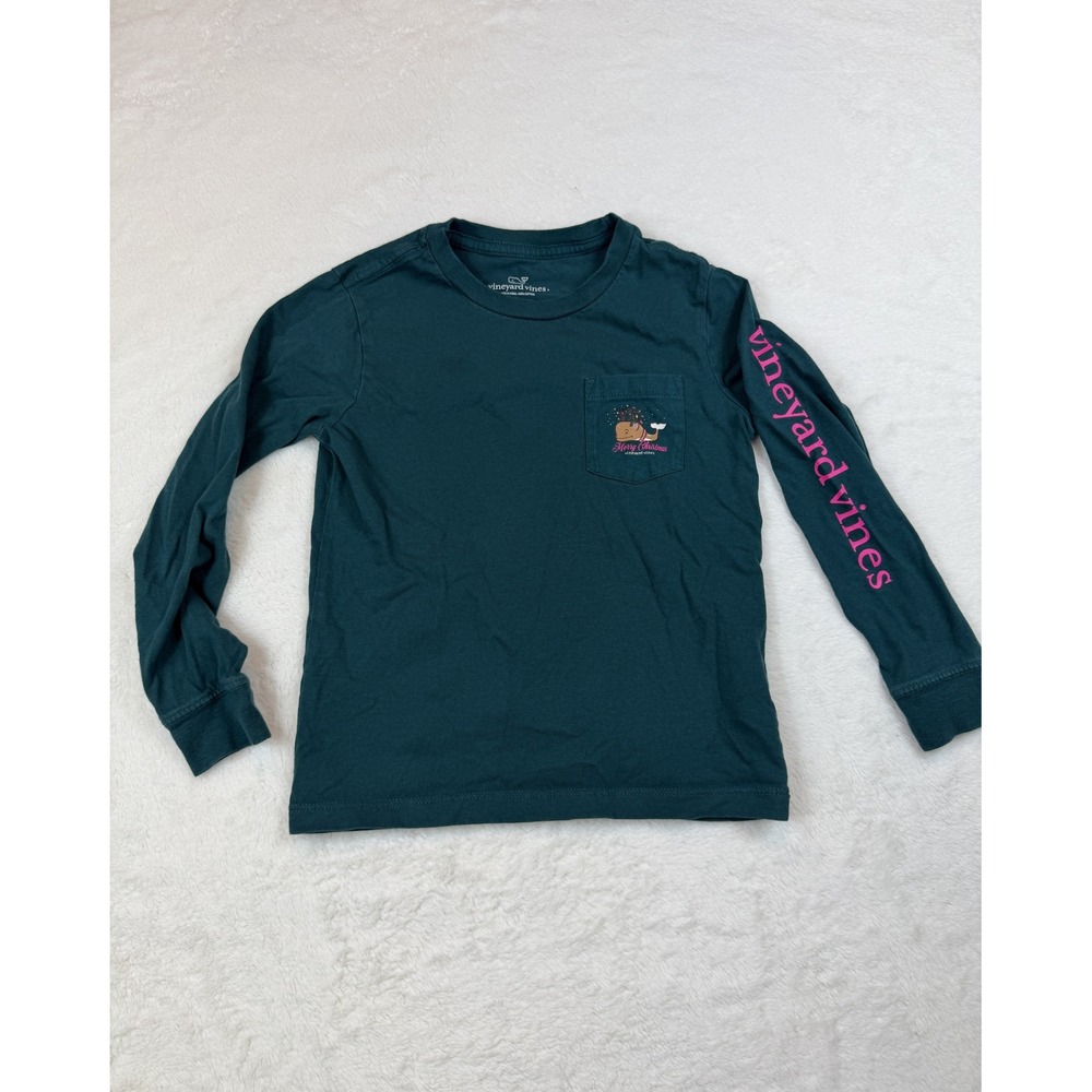 Vineyard Vines Christmas Whale Reindeer Long Sleeve Pocket T-Shirt Green Small
